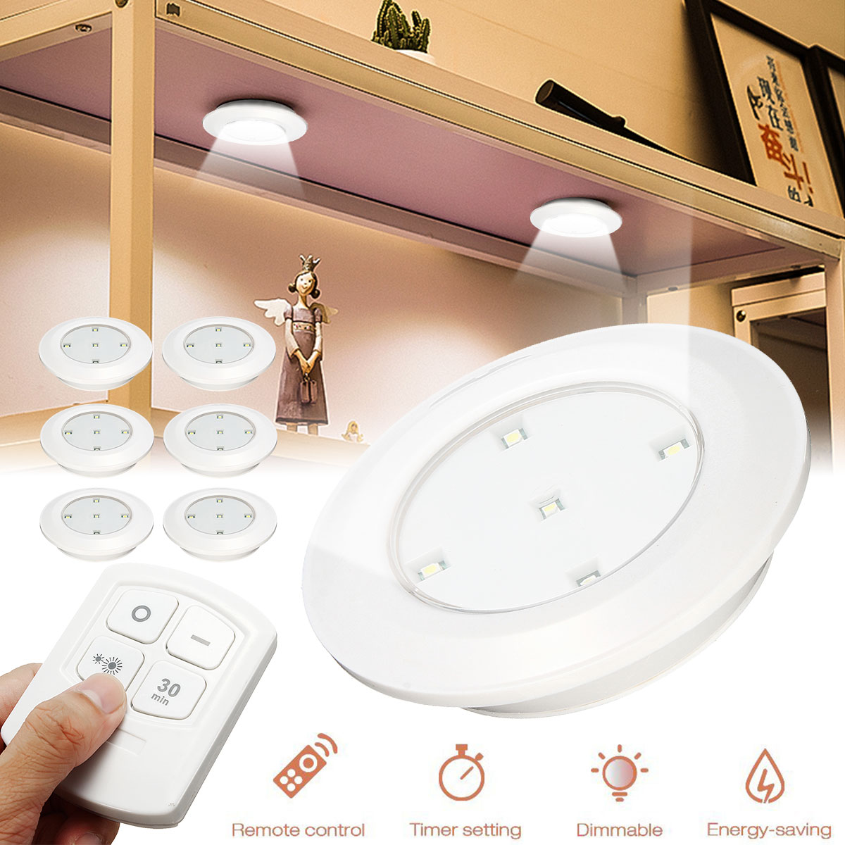 28f0e523-5ad0-4c34-bc02-f0dc21e60f3f.jpg Set 6 Lampi LED Wireless, autoadezive, cu telecomanda, pentru iluminat scari sau mobilier - imagine 1