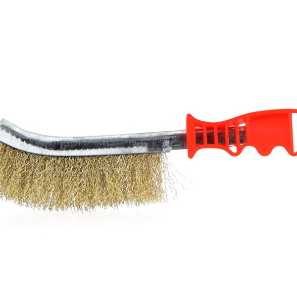 Perie de sarma cu peri sertizati, placati cu alama si maner din platic, lungime totala 25,5 cm