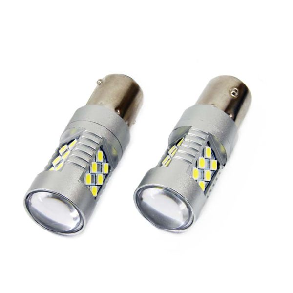 Set becuri auto cu LED CANBUS compatibil P21W BA15S 24 SMD 6.2W Alb 12/24V, destinat competitiilor auto sau off-road