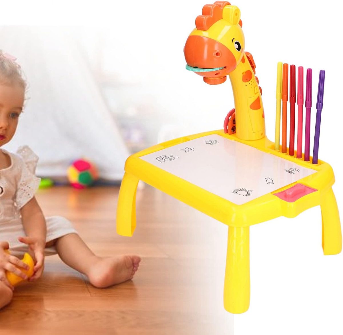Masa Muzicala de Desen pentru copii cu Proiector, model Girafa, culoare Galben, 24 imagini, AVX-WT-222-2-YELLOW-GIRAFFE - imagine 2