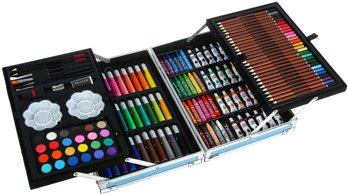 Set 145 piese pentru pictura, pentru copii sau adulti, pixuri de colorat, creioane colorate si vopsele de pictura, cu geanta de transport ALBASTRA, model AVX-WT-RUBENS145 - imagine 3