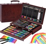 Set 142 piese pentru pictura, pentru copii sau adulti, pixuri de colorat, creioane colorate si vopsele de pictura, cu geanta de transport din LEMN MASIV, model AVX-WT-INGRES142