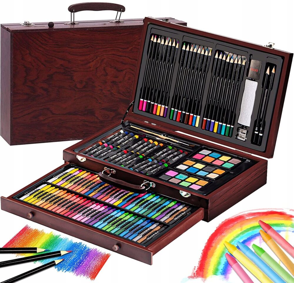 76dda6fc5d81ecc36791b5ad3a6573e6-1-1000x961-16.jpg Set 142 piese pentru pictura, pentru copii sau adulti, pixuri de colorat, creioane colorate si vopsele de pictura, cu geanta de transport din LEMN MASIV, model AVX-WT-INGRES142 - imagine 1