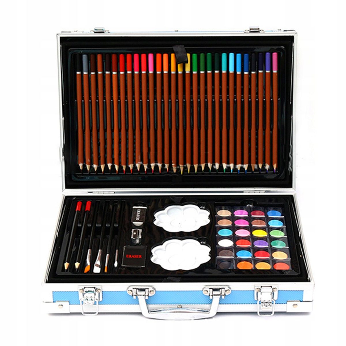 Set 145 piese pentru pictura, pentru copii sau adulti, pixuri de colorat, creioane colorate si vopsele de pictura, cu geanta de transport ALBASTRU DINOZAUR, model AVX-WT-DINART145 - imagine 2