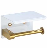 Suport pentru hartie igienica cu raft suplimentar, din otel, culoare alba cu brat auriu - imagine 2