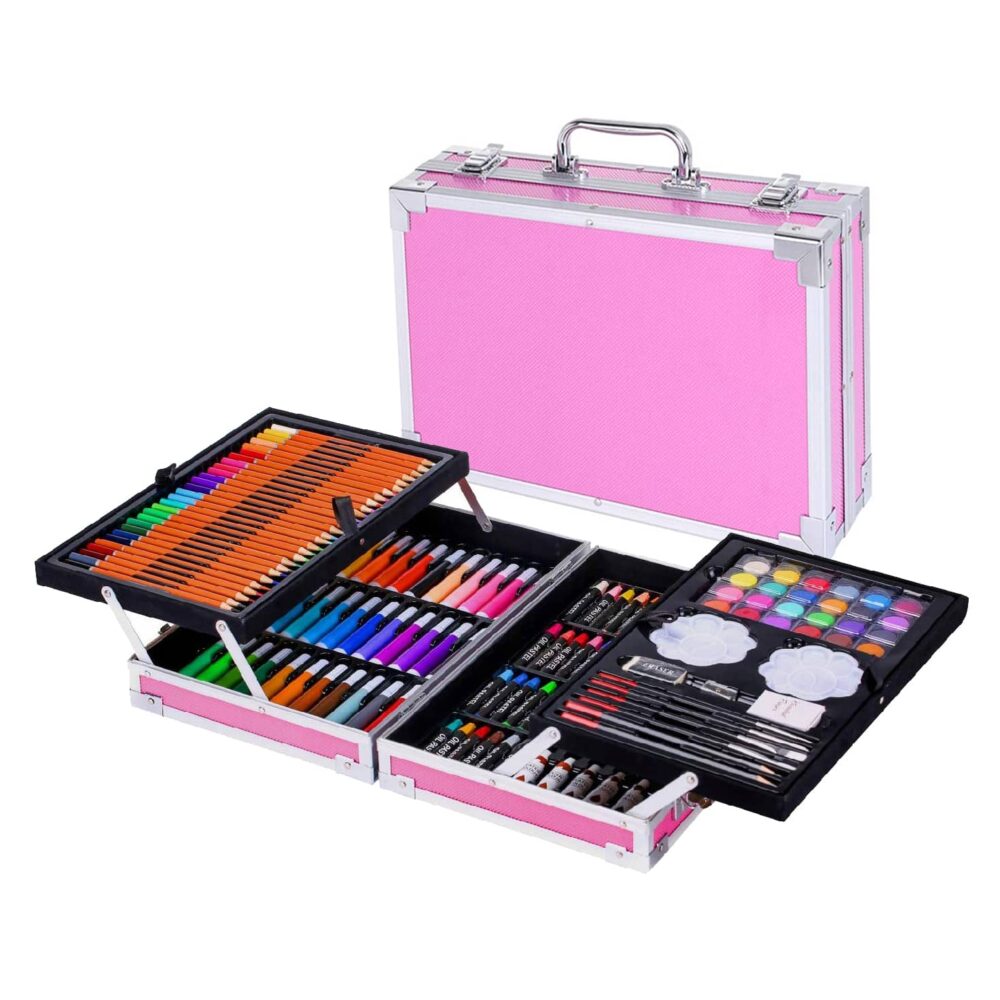 BLAKE145-iwant-1000x1000-10.jpg Set 145 piese pentru pictura, pentru copii sau adulti, pixuri de colorat, creioane colorate si vopsele de pictura, cu geanta de transport ROZ, model AVX-WT-BLAKE145 - imagine 1