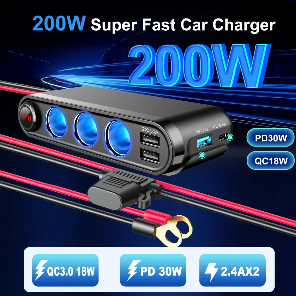 Dispozitiv Auto Premium 3in1, Splitter Bricheta, Incarcator USB/USB-C, Voltmetru Digital, alimentare 12V-24V - imagine 2