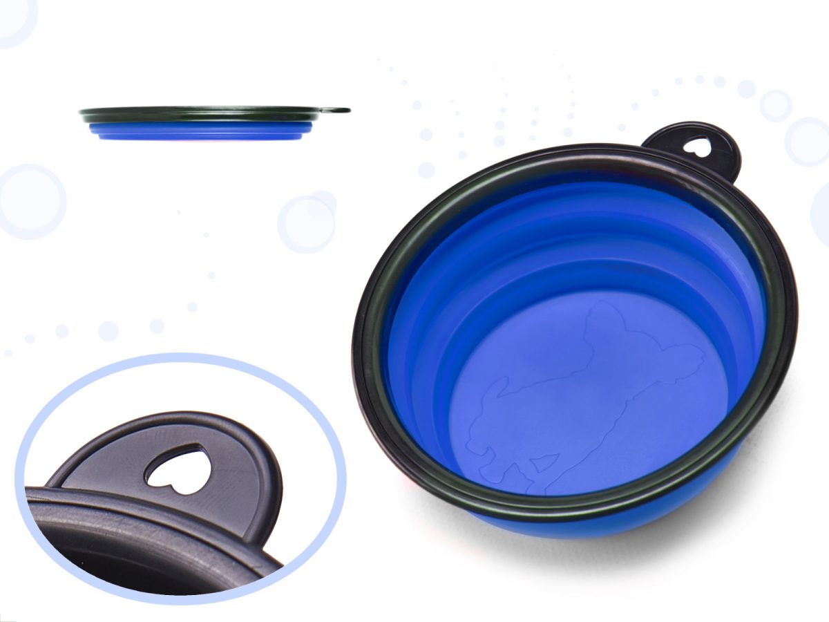 Bol de voiaj din silicon pentru animale de companie, pliabil, culoare albastra, diametru 12 cm - imagine 2