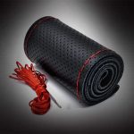 Husa volan din PIELE NEAGRA + ATA ROSIE, diametru 37 - 39 cm (se coase, aspect ORIGINAL) - imagine 5