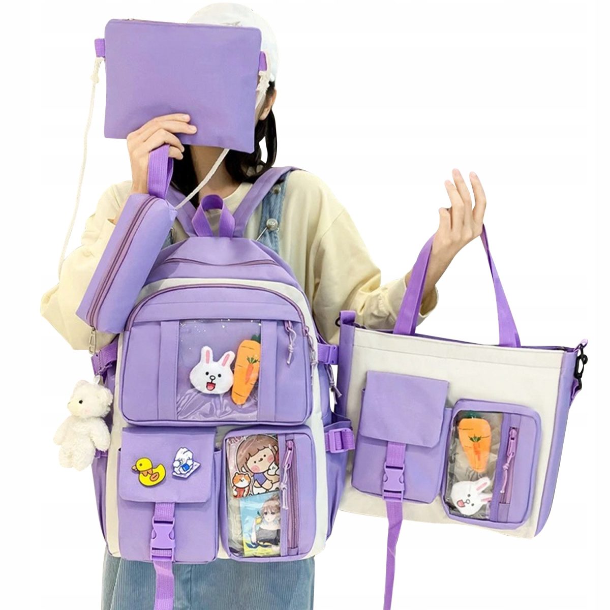 Set 4-in-1 pentru Scolari sau Prescolari - (rucsac, geanta de umar, plic elegant, penar), culoare VIOLET cu IEPURAS, Cod AVX-WT-BUNN-VIOLET - imagine 4