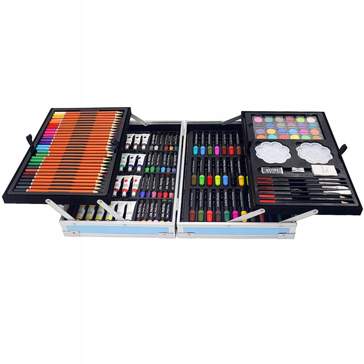 Set 145 piese pentru pictura, pentru copii sau adulti, pixuri de colorat, creioane colorate si vopsele de pictura, cu geanta de transport ALBASTRU DINOZAUR, model AVX-WT-DINART145 - imagine 4