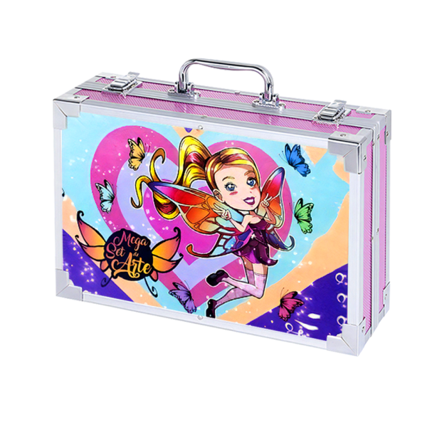 Set 145 piese pentru pictura, pentru copii sau adulti, pixuri de colorat, creioane colorate si vopsele de pictura, cu geanta de transport ROZ FLYING GIRL, model AVX-WT-IMPART145