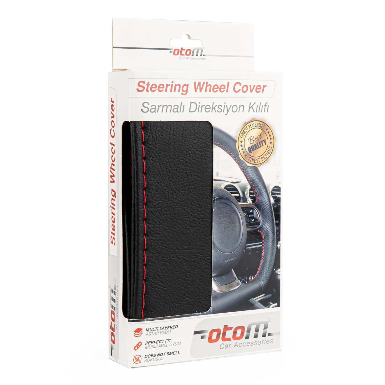 otdk103-02.jpg Husa volan OTOM din Piele Ecologica "Ne-Perforata" pentru autoturisme, diametru volan 37 - 39 cm, cu ac si ata Rosie - imagine 1