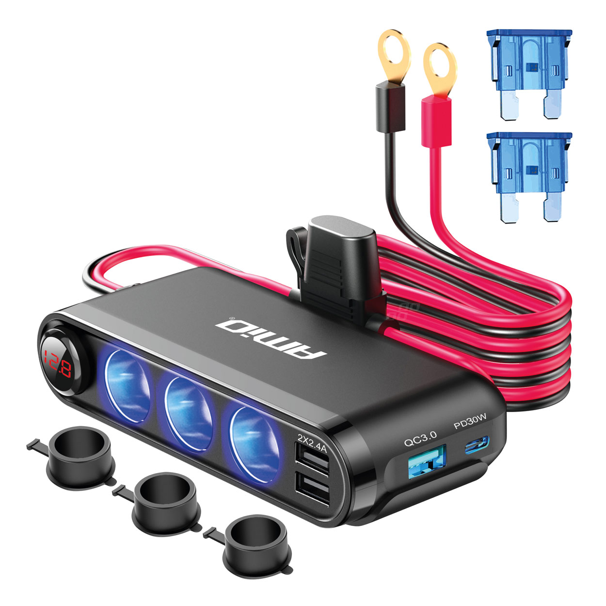 03782_01.jpg Dispozitiv Auto Premium 3in1, Splitter Bricheta, Incarcator USB/USB-C, Voltmetru Digital, alimentare 12V-24V - imagine 1