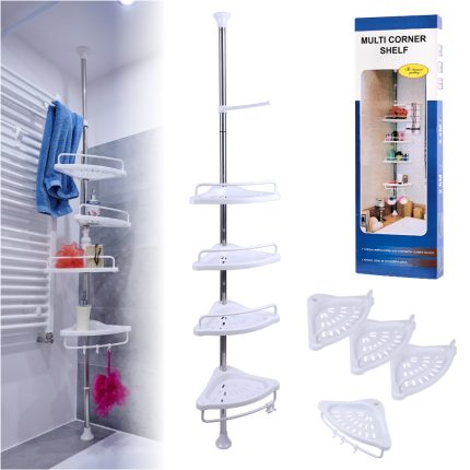 Organizator baie, raft de baie de tip "coltar" cu brat telescopic, cu 4 etajere si suport pentru prosop
