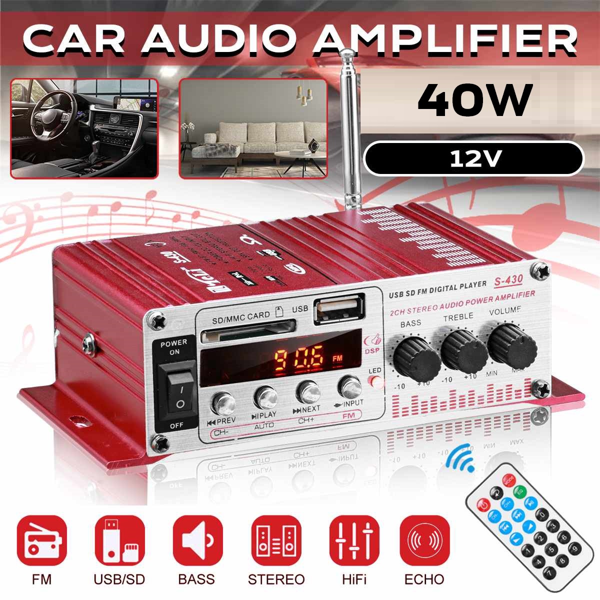 Hb207d5390d9a40378d965cabd5763406O.jpg MINI amplificator auto, stereo, 12V, 40 W, radio FM, citire USB sau card SD, cu telecomanda - imagine 1