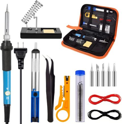 Set Profesional 15 Piese pentru Lipire – Pistol de Lipit, Suport cu Arc, Varfuri Interschimbabile, Pompa cositor, Penseta si Accesorii Complete in Husa Portabila