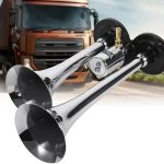 Claxon bitonal cu 2 goarne, alimentare 12/24V pentru vehiculele dotate cu compresor de aer, culoare Crom/Negru