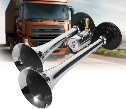 Claxon bitonal cu 2 goarne, alimentare 12/24V pentru vehiculele dotate cu compresor de aer, culoare Crom/Negru