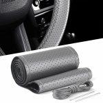 Husa volan din PIELE GRI + ATA GRI, diametru 37 - 39 cm (se coase, aspect ORIGINAL)