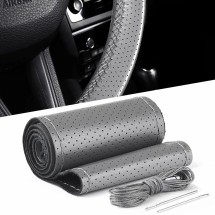 Husa volan din PIELE GRI + ATA GRI, diametru 37 - 39 cm (se coase, aspect ORIGINAL)