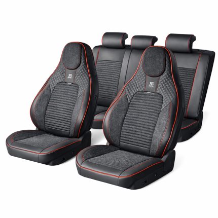 Set huse scaune auto Premium, model BLAZE Torque, design Sportiv, universale, ergonomice, Piele Ecologica cu insertii textile, culoare Negru/Rosu