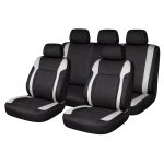 Set huse scaune auto Premium, model DIAMOND Core, design Sportiv, universale, ergonomice, Piele Ecologica Matlasata, culoare Negru/Gri