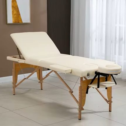 Masa de masaj pliabila, 3 zone, cadru lemn, spuma 5cm, inaltime 55-76cm, piele ecologica, dimensiuni 60x213cm, culoare Crem