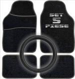 Set Auto Essential AVEX – 5 piese, Covorase Universale Mocheta + Husa Volan Piele Ecologica Perforata, Negru