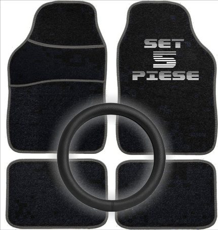 Set Auto Essential AVEX – 5 piese, Covorase Universale Mocheta + Husa Volan Piele Ecologica Perforata, Negru